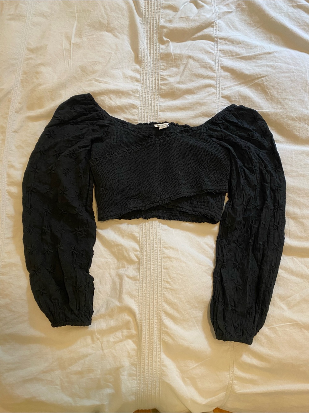 Black Smocked Top with Long Puff Sleeves